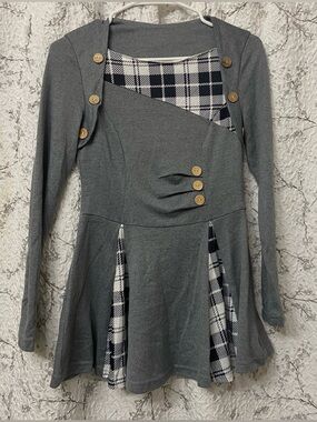 Romantic Hut Gray Long-Sleeve Dress with Plaid Insets and Button Details Size S